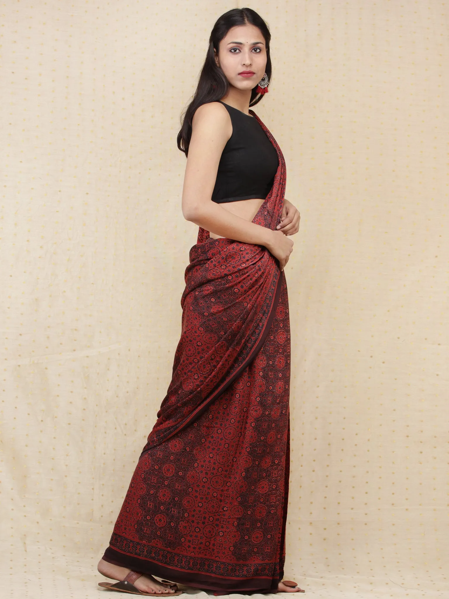Crimson Red Black Dark Brown Ajrakh Hand Block Printed Modal Silk Saree - S031704151
