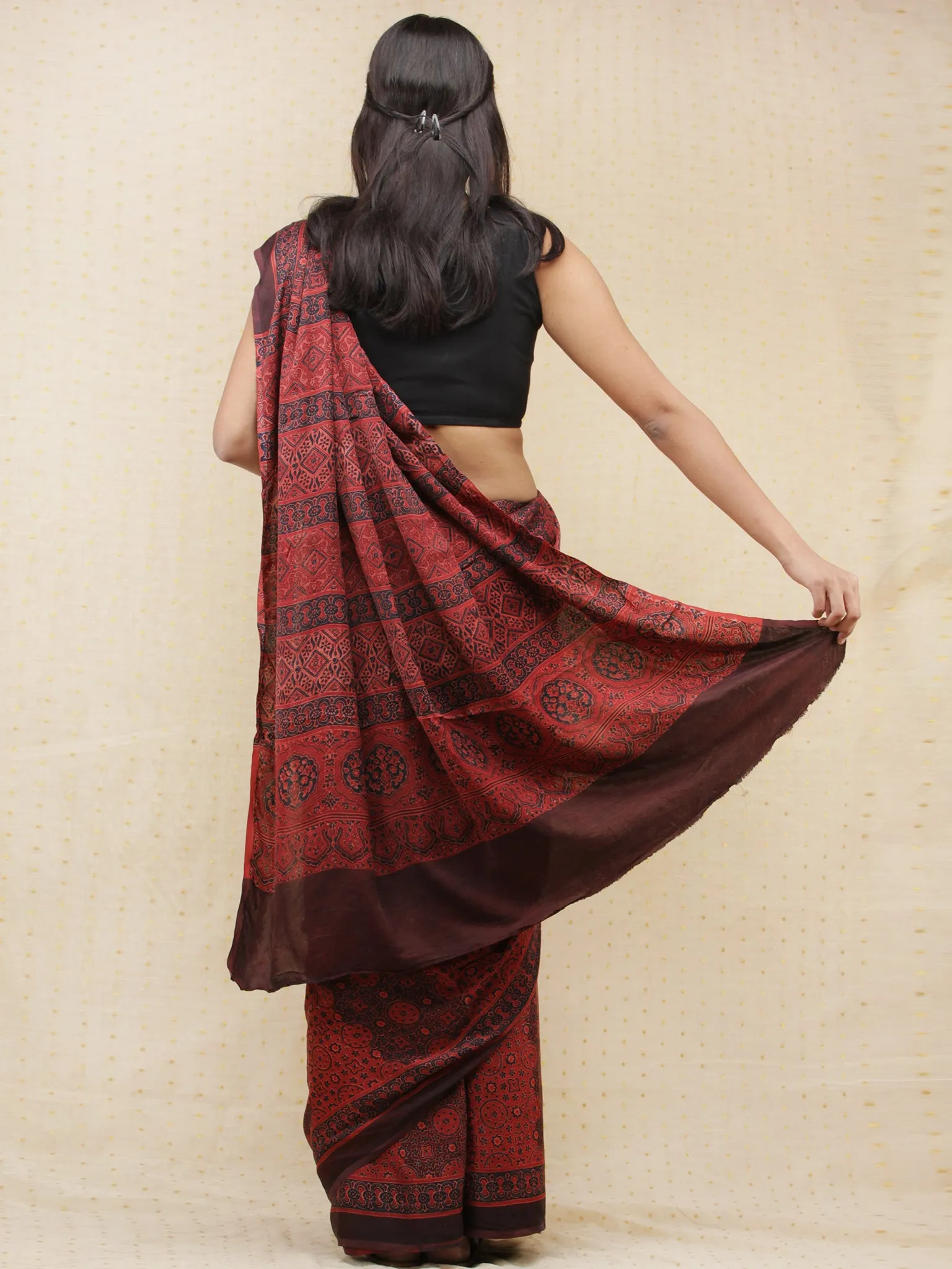 Crimson Red Black Dark Brown Ajrakh Hand Block Printed Modal Silk Saree - S031704151
