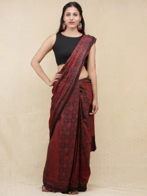 Crimson Red Black Dark Brown Ajrakh Hand Block Printed Modal Silk Saree - S031704151