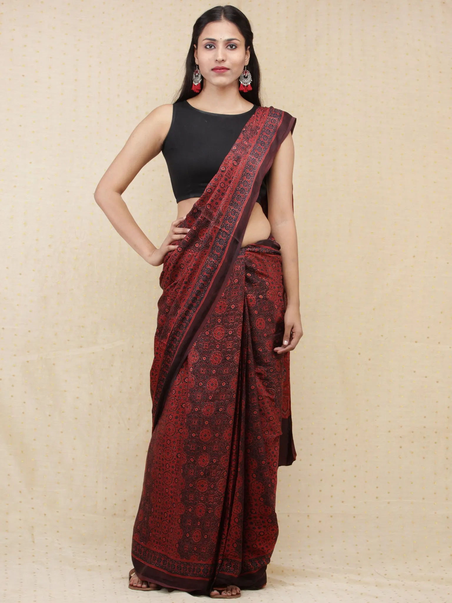 Crimson Red Black Dark Brown Ajrakh Hand Block Printed Modal Silk Saree - S031704151