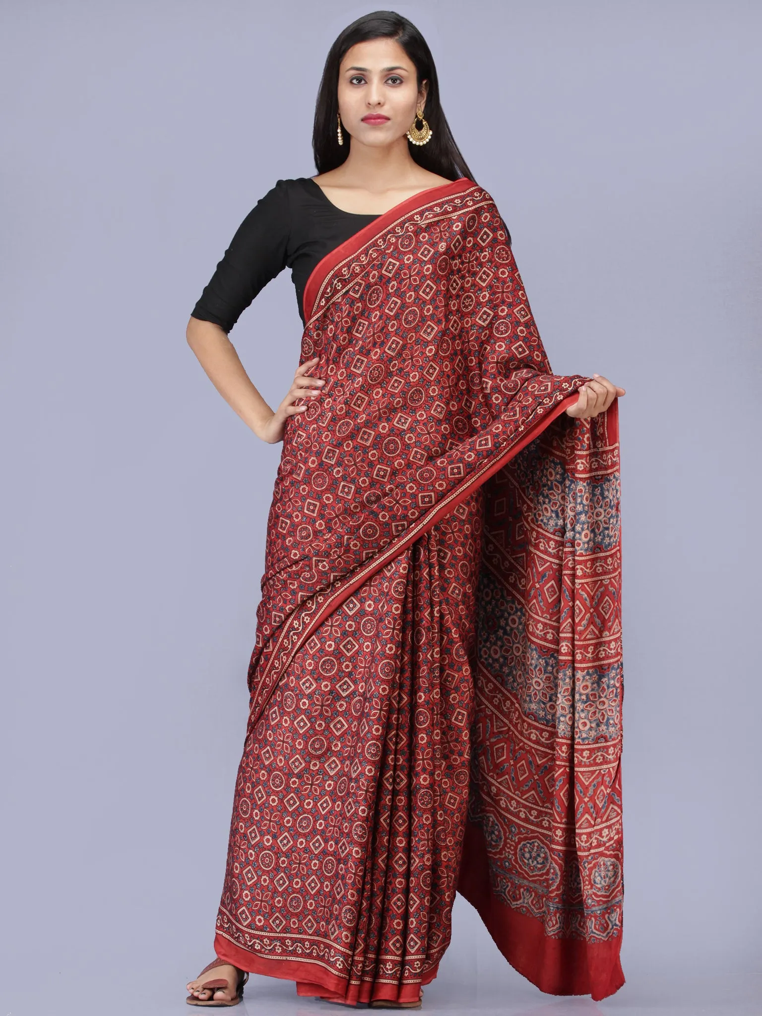 Crimson Red Indigo Ivory Ajrakh Hand Block Printed Modal Silk Saree - S031704226