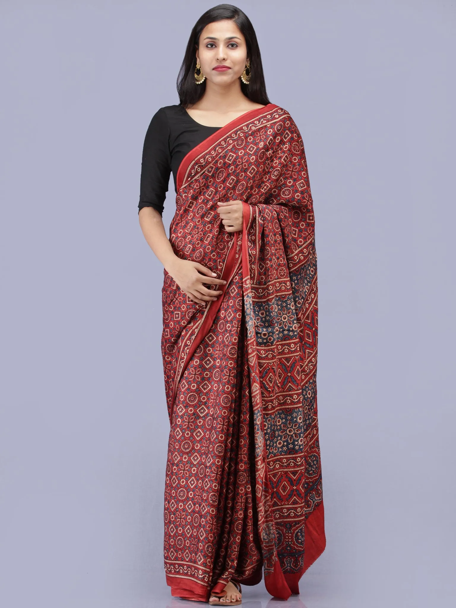 Crimson Red Indigo Ivory Ajrakh Hand Block Printed Modal Silk Saree - S031704226