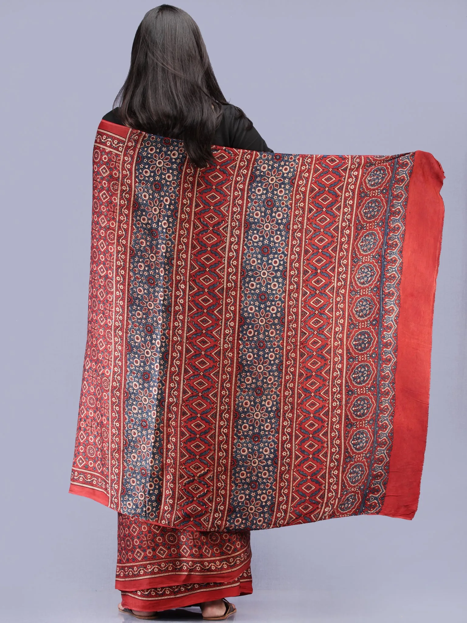 Crimson Red Indigo Ivory Ajrakh Hand Block Printed Modal Silk Saree - S031704226