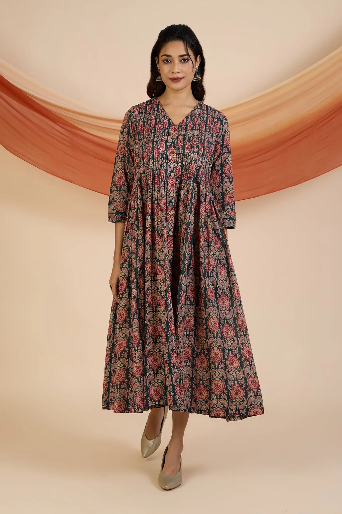 Emerald Garden & Scarlet Petals V-neck Infinity Pintuck Dress