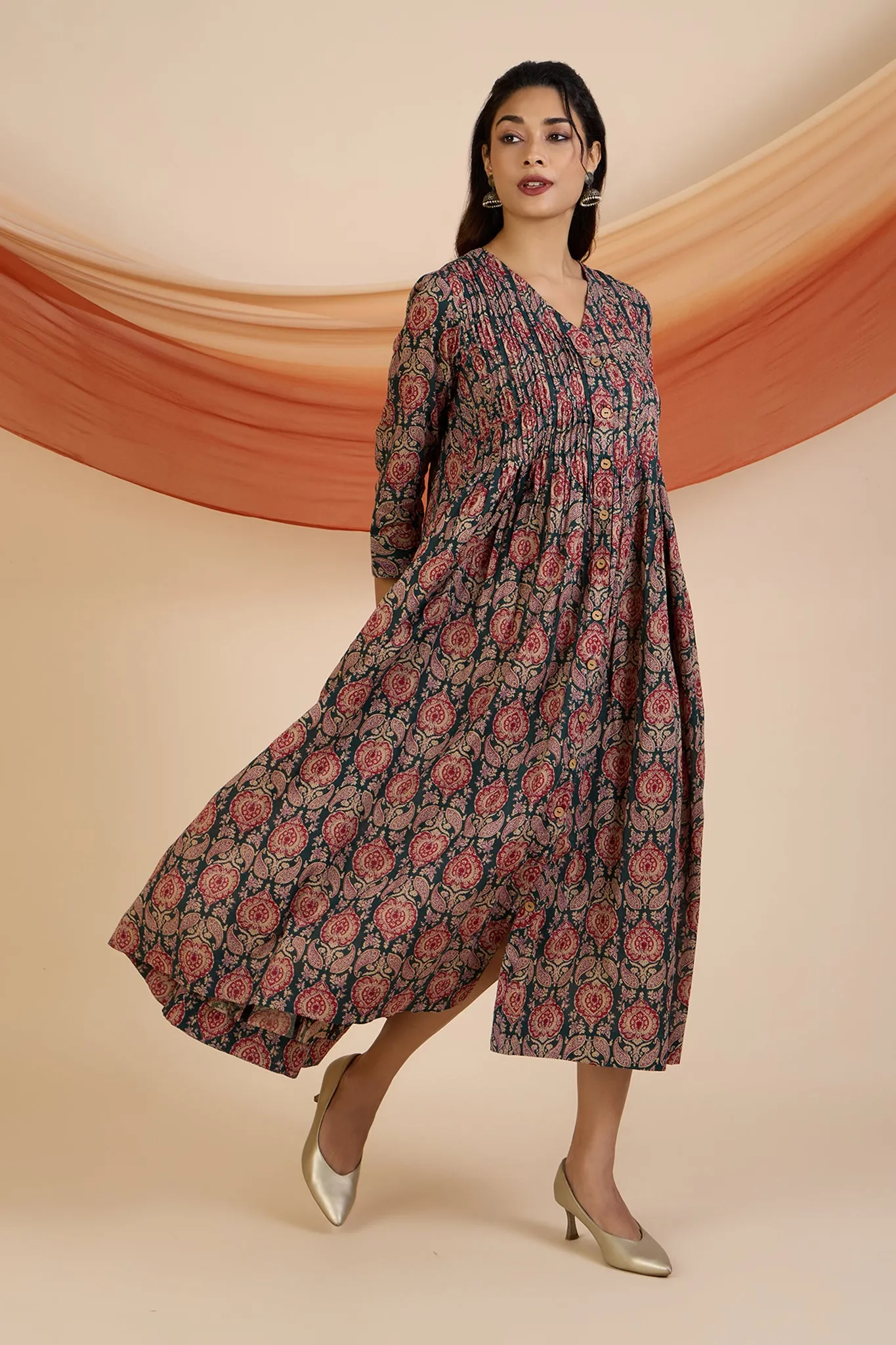 Emerald Garden & Scarlet Petals V-neck Infinity Pintuck Dress