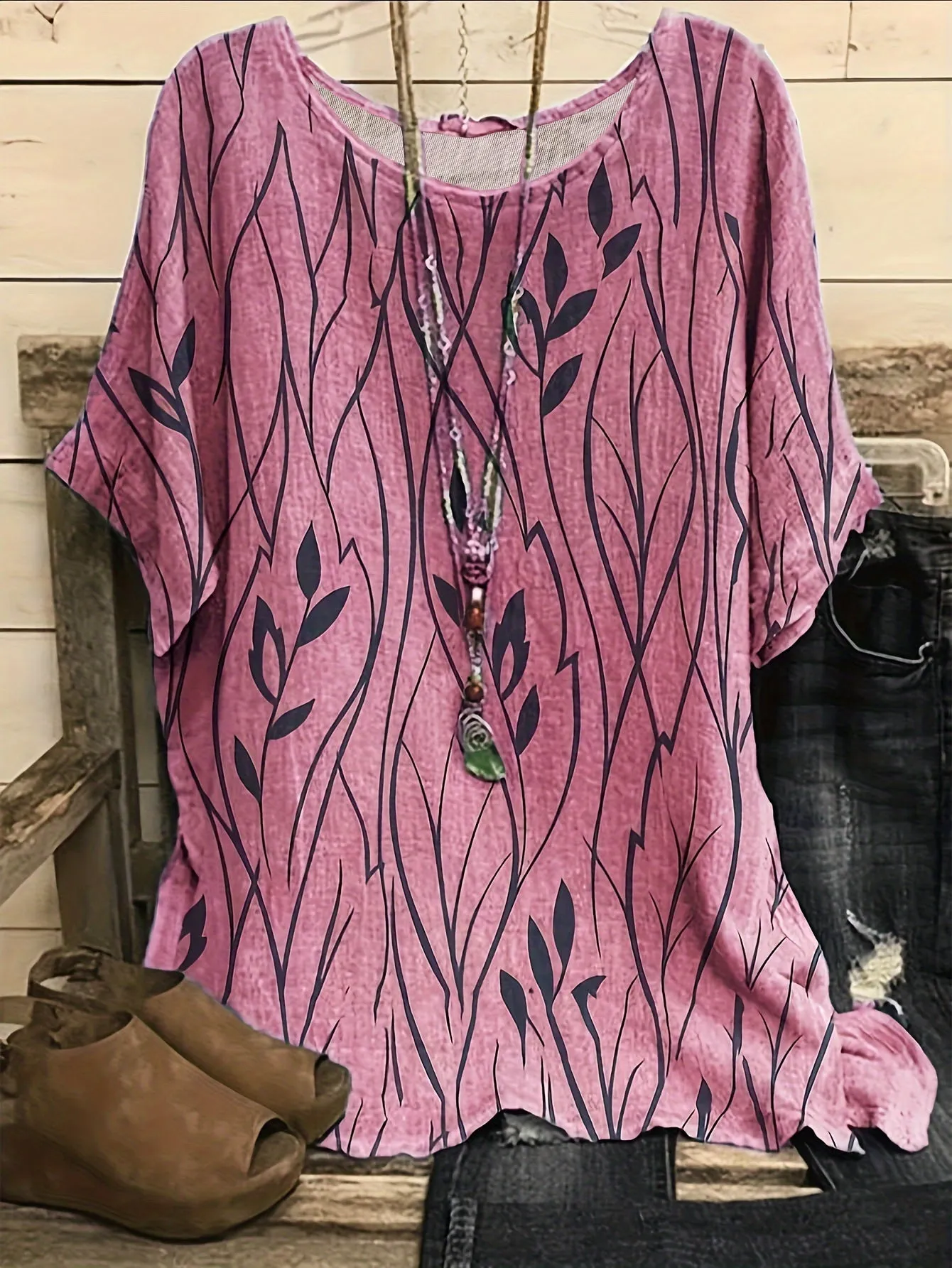 Floral Print Round Neck Half Sleeve Tee for Plus Size Women