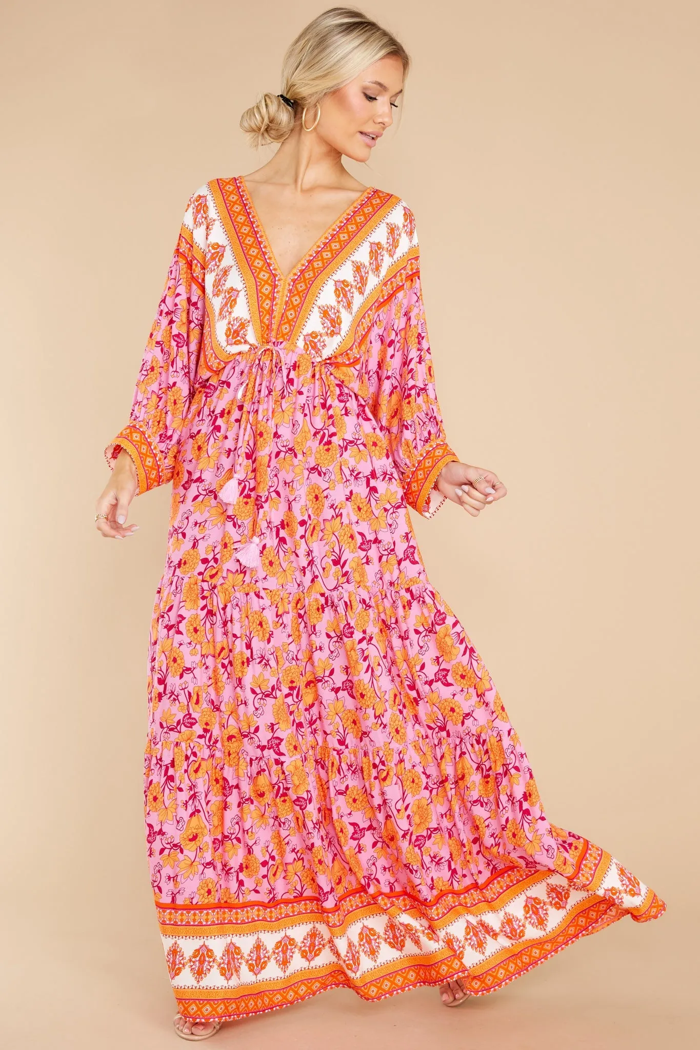 Growing Closer Pink And Orange Floral Maxi Dress