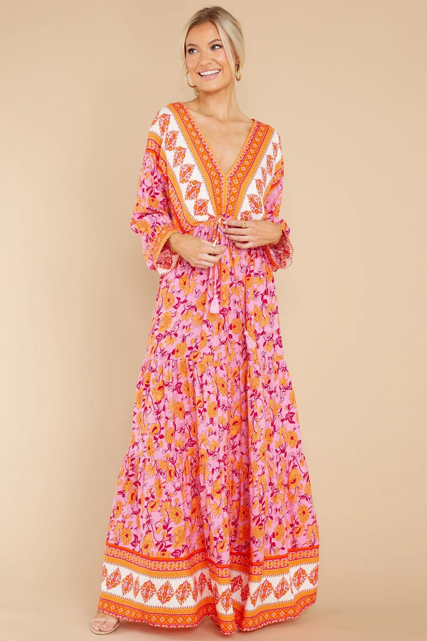Growing Closer Pink And Orange Floral Maxi Dress