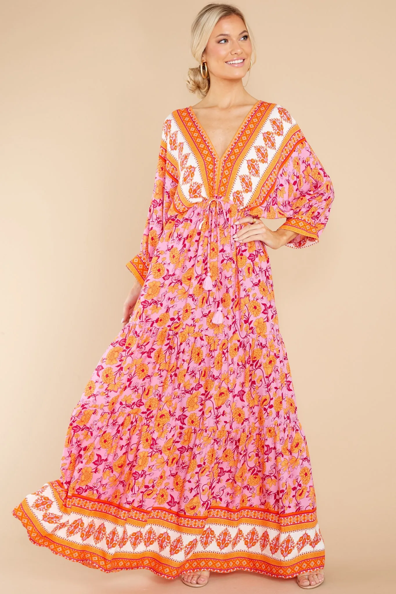 Growing Closer Pink And Orange Floral Maxi Dress