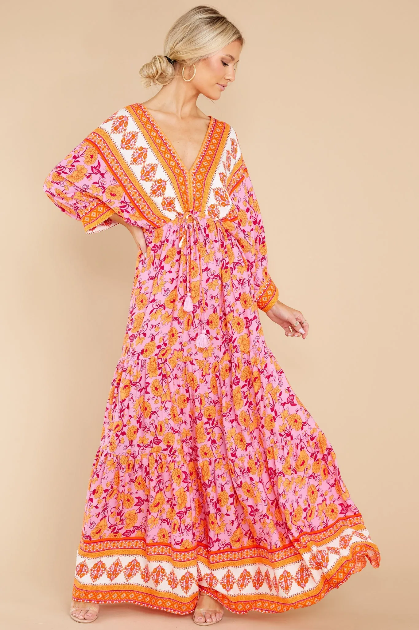 Growing Closer Pink And Orange Floral Maxi Dress