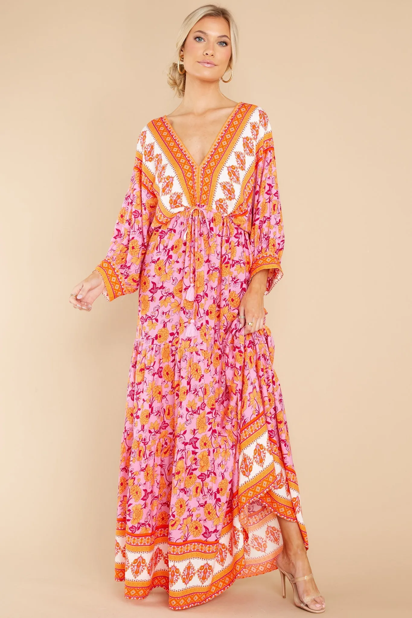 Growing Closer Pink And Orange Floral Maxi Dress
