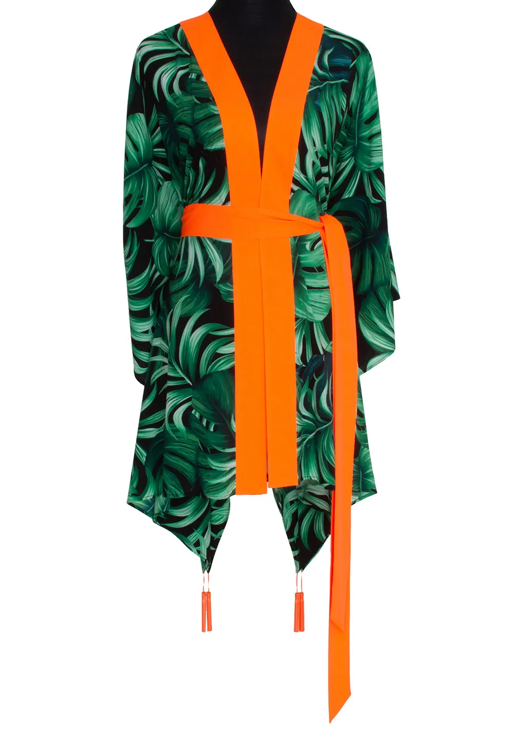 Jungle - Monstera Black / Green Kimono (Neon Orange)