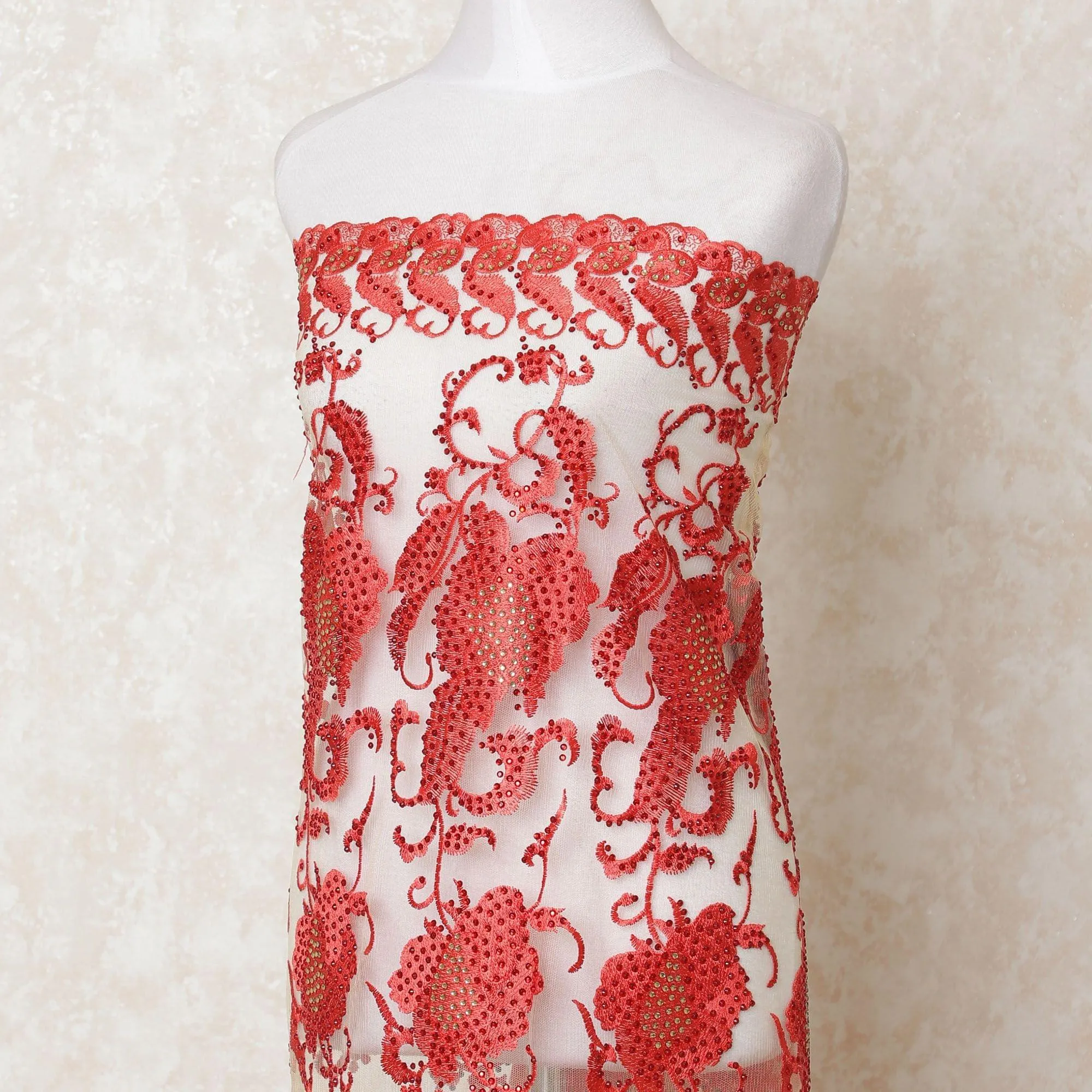 Latte beige nylon tulle fabric with scarlet red embroidery having stone work in fancy design-D12174