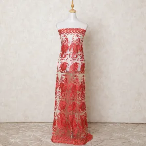 Latte beige nylon tulle fabric with scarlet red embroidery having stone work in fancy design-D12174