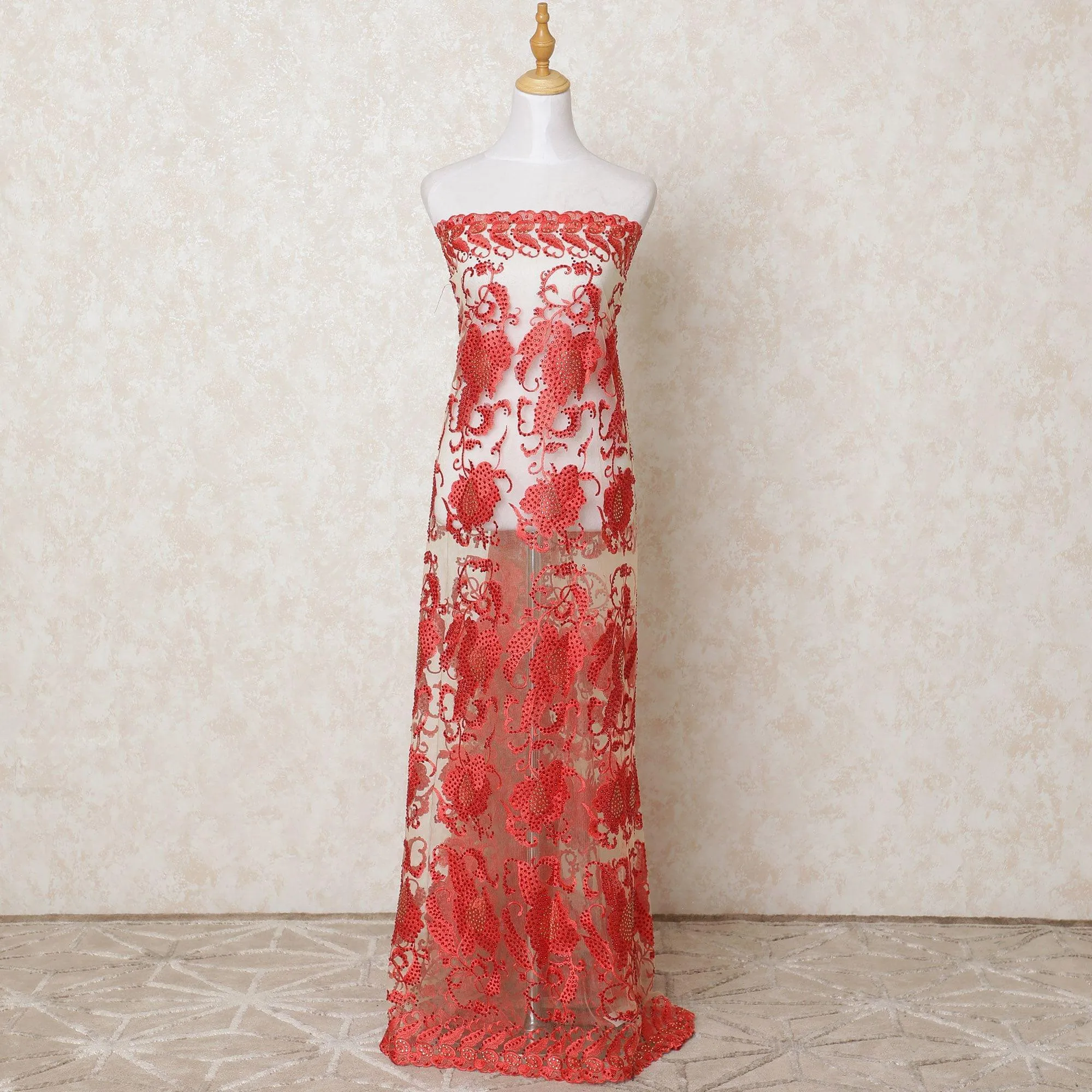 Latte beige nylon tulle fabric with scarlet red embroidery having stone work in fancy design-D12174