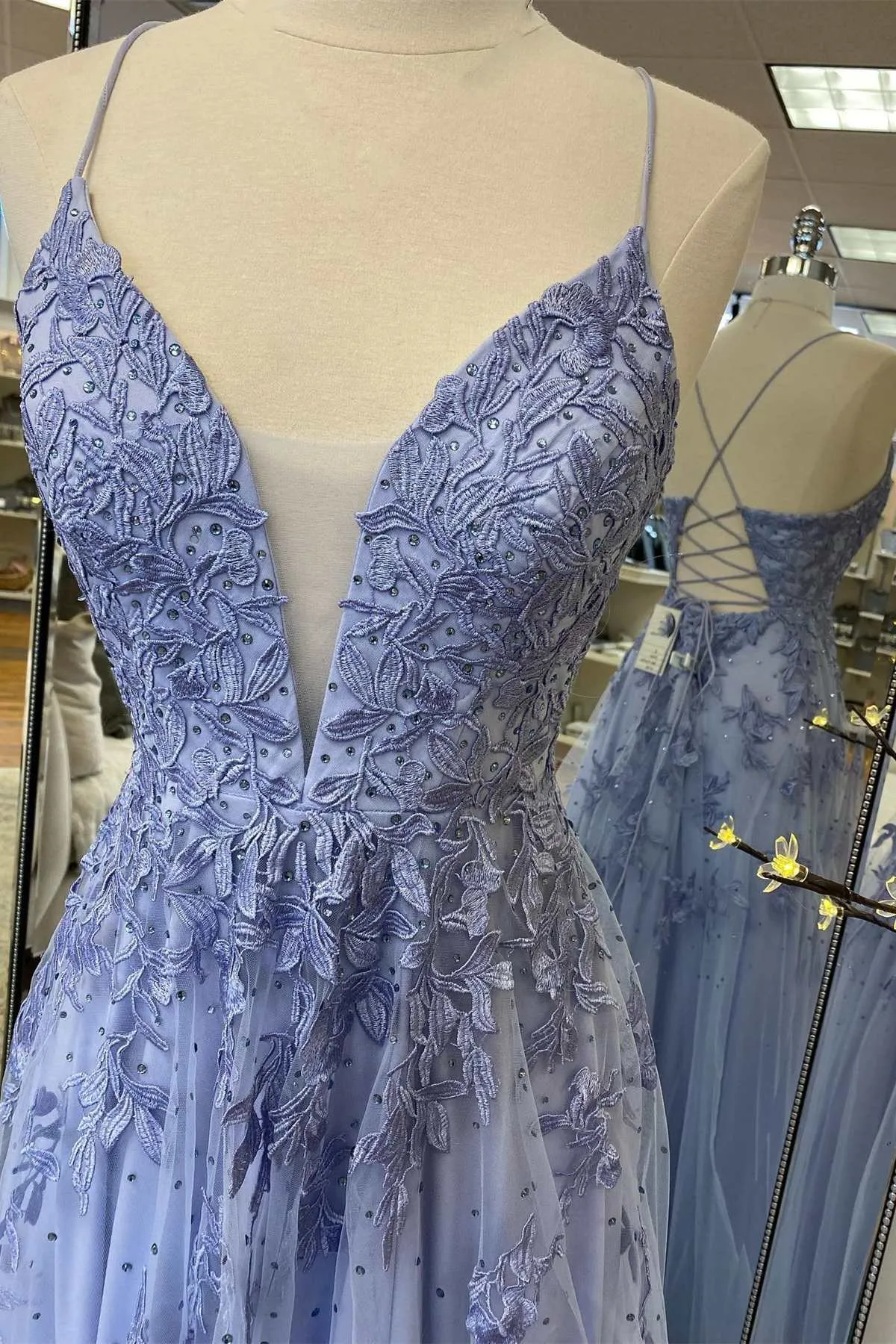 Lavender Tulle V-Neckline Long Party Dress Lavender Straps Prom Dress Formal Dress