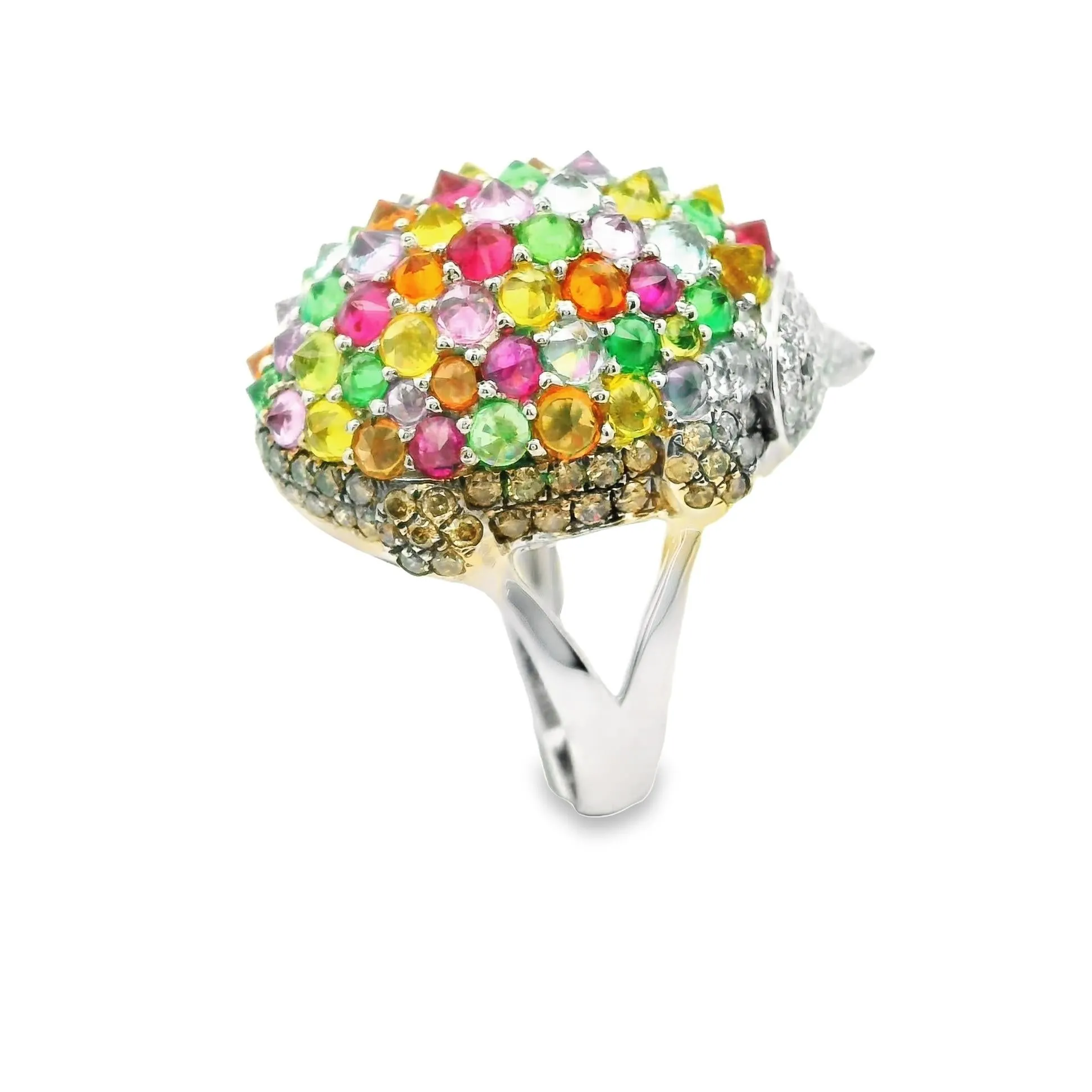 Multi-Color Gemstone Diamond 18K White Gold Hedgehog Ring