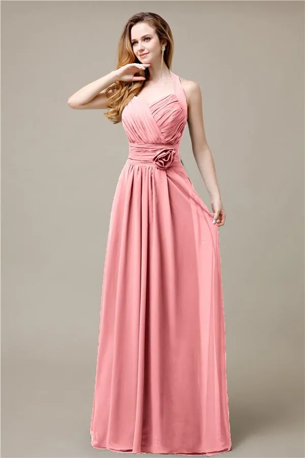 Pretty A-line Chiffon Hatler Floor-Length Bridesmaid Dresses