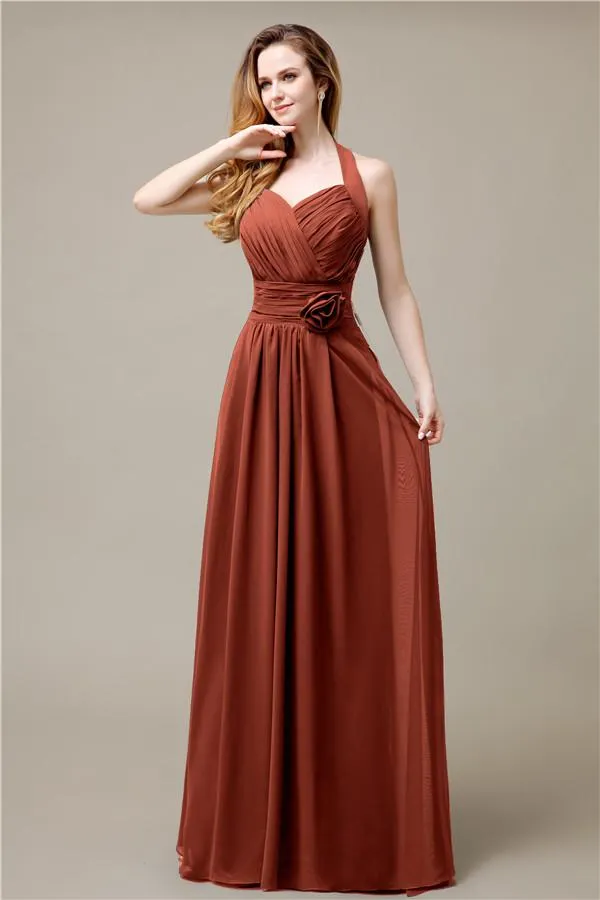 Pretty A-line Chiffon Hatler Floor-Length Bridesmaid Dresses
