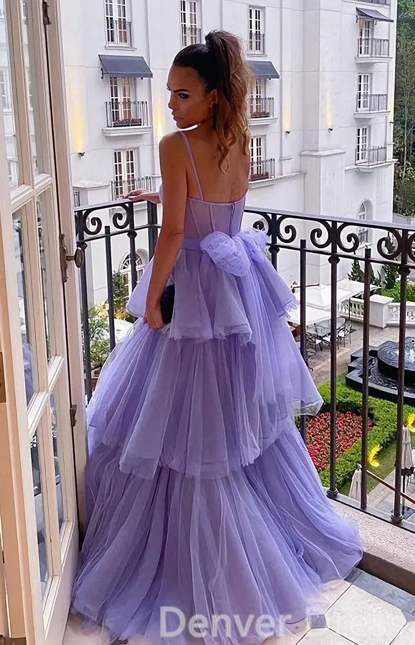 Purple A-Line Tulle Layered Evening Formal Dresses Long Prom Dresses
