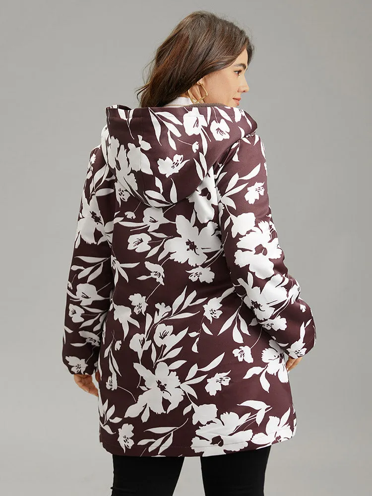 Silhouette Floral Print Fuzzy Zipper Hooded Coat