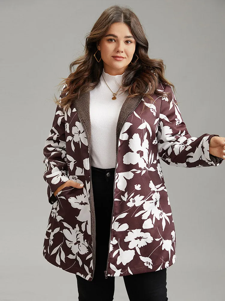 Silhouette Floral Print Fuzzy Zipper Hooded Coat