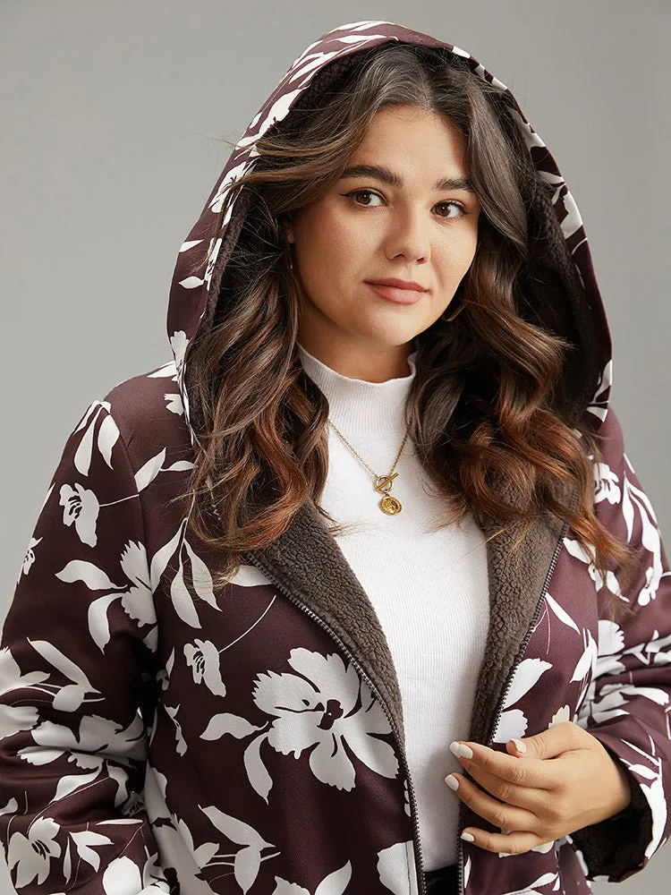 Silhouette Floral Print Fuzzy Zipper Hooded Coat