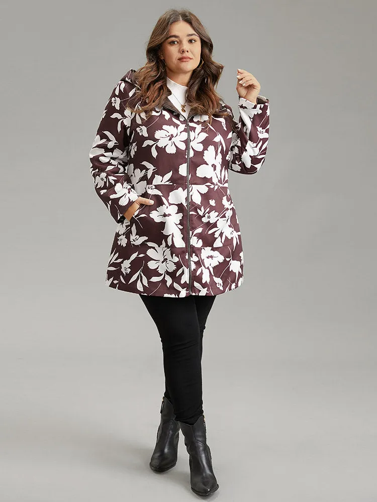 Silhouette Floral Print Fuzzy Zipper Hooded Coat
