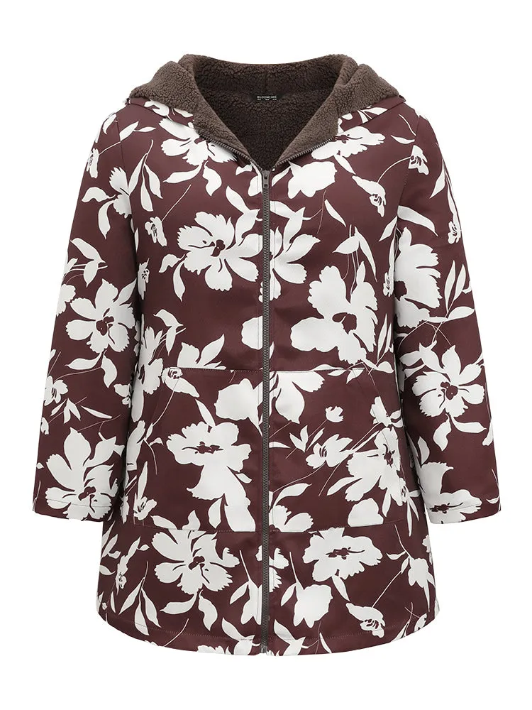 Silhouette Floral Print Fuzzy Zipper Hooded Coat