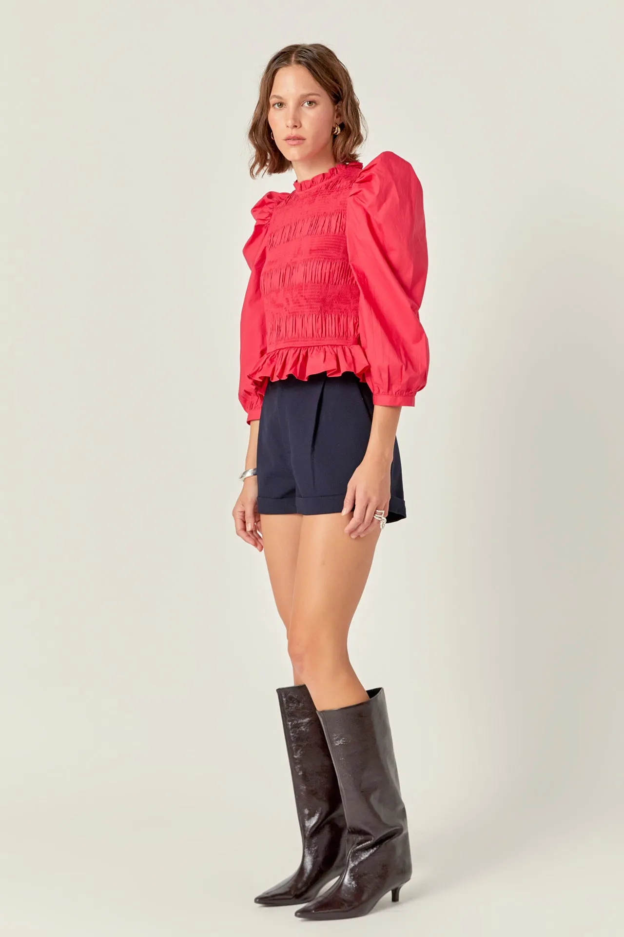 Smocking Detail Puff Sleeve Poplin Blouse