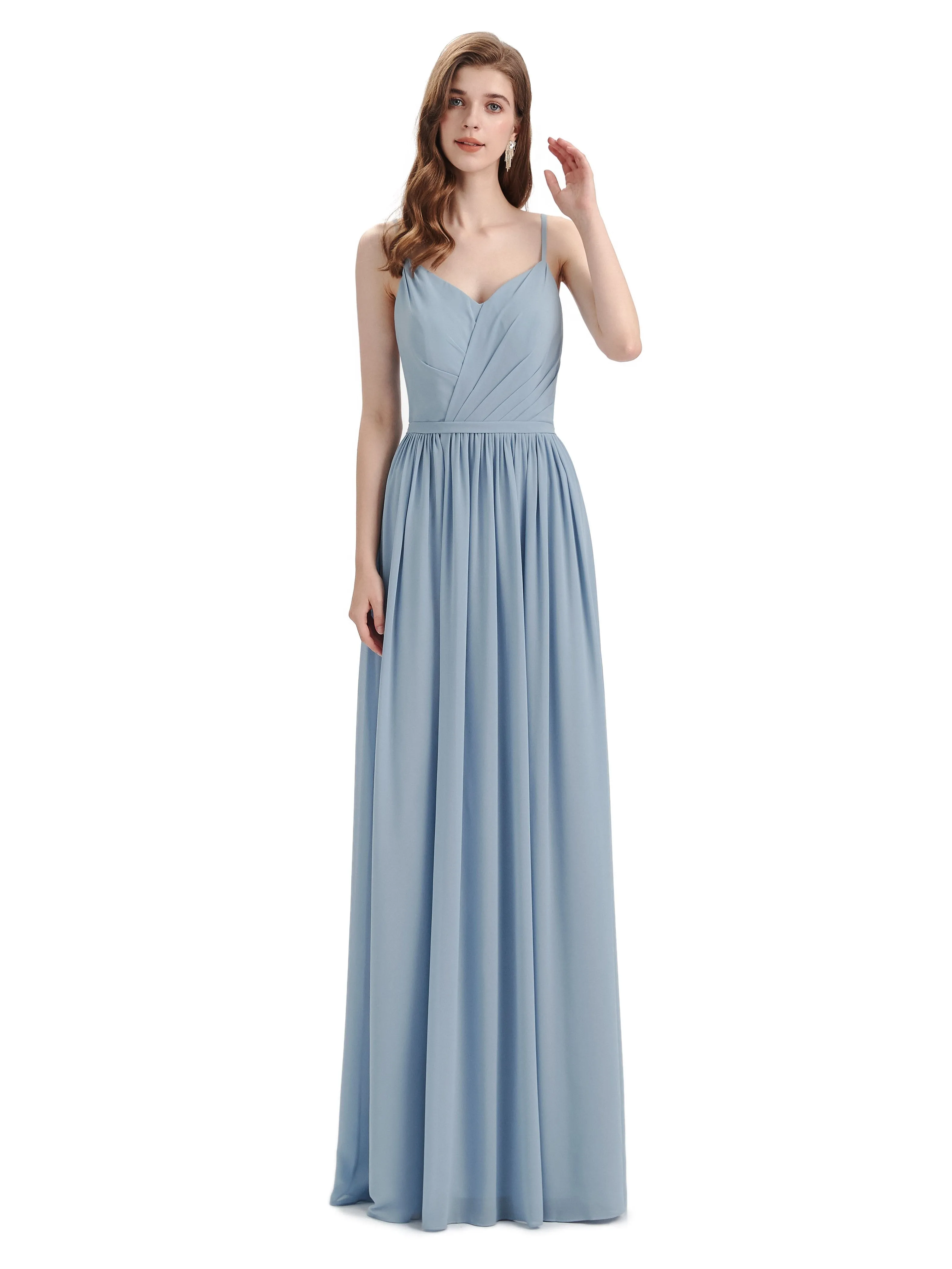 Spaghetti Straps A-line Chiffon Side Slit Long Bridesmaid Dresses