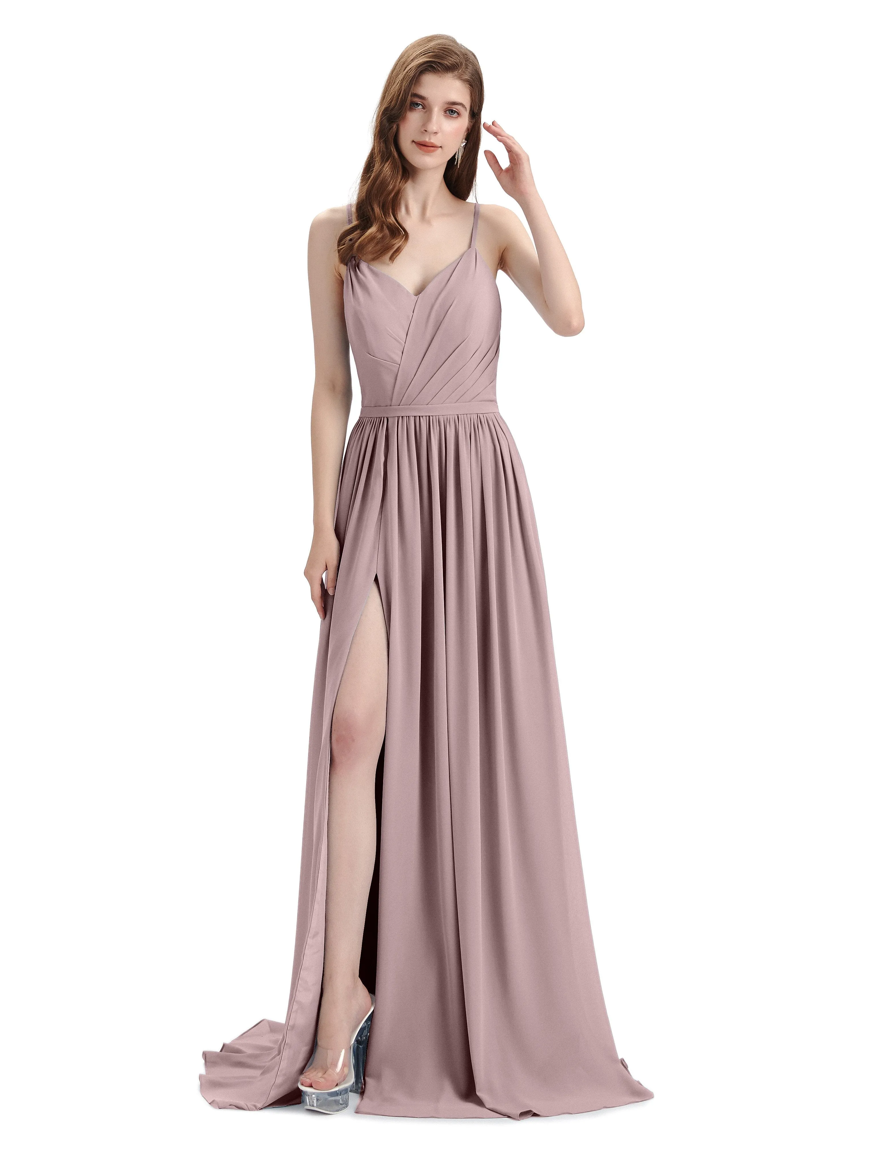 Spaghetti Straps A-line Chiffon Side Slit Long Bridesmaid Dresses