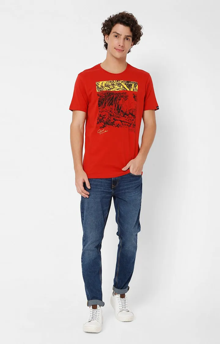 Spykar Men Orange Cotton Slim Fit Printed T-Shirt