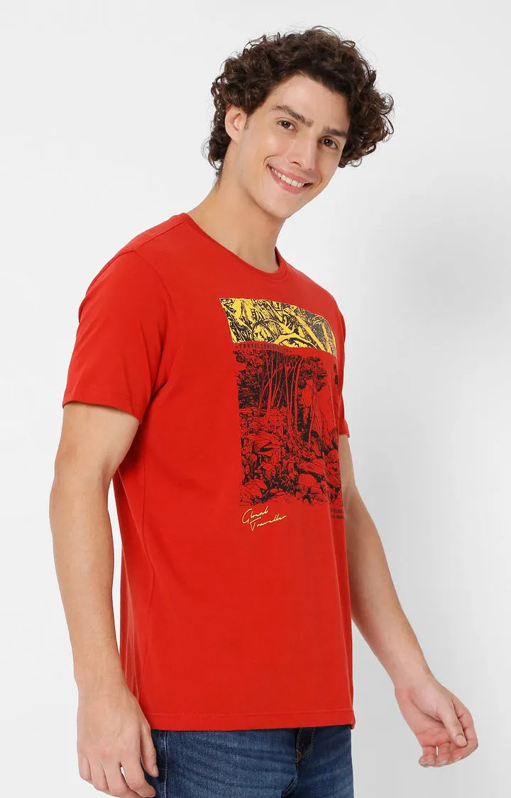 Spykar Men Orange Cotton Slim Fit Printed T-Shirt