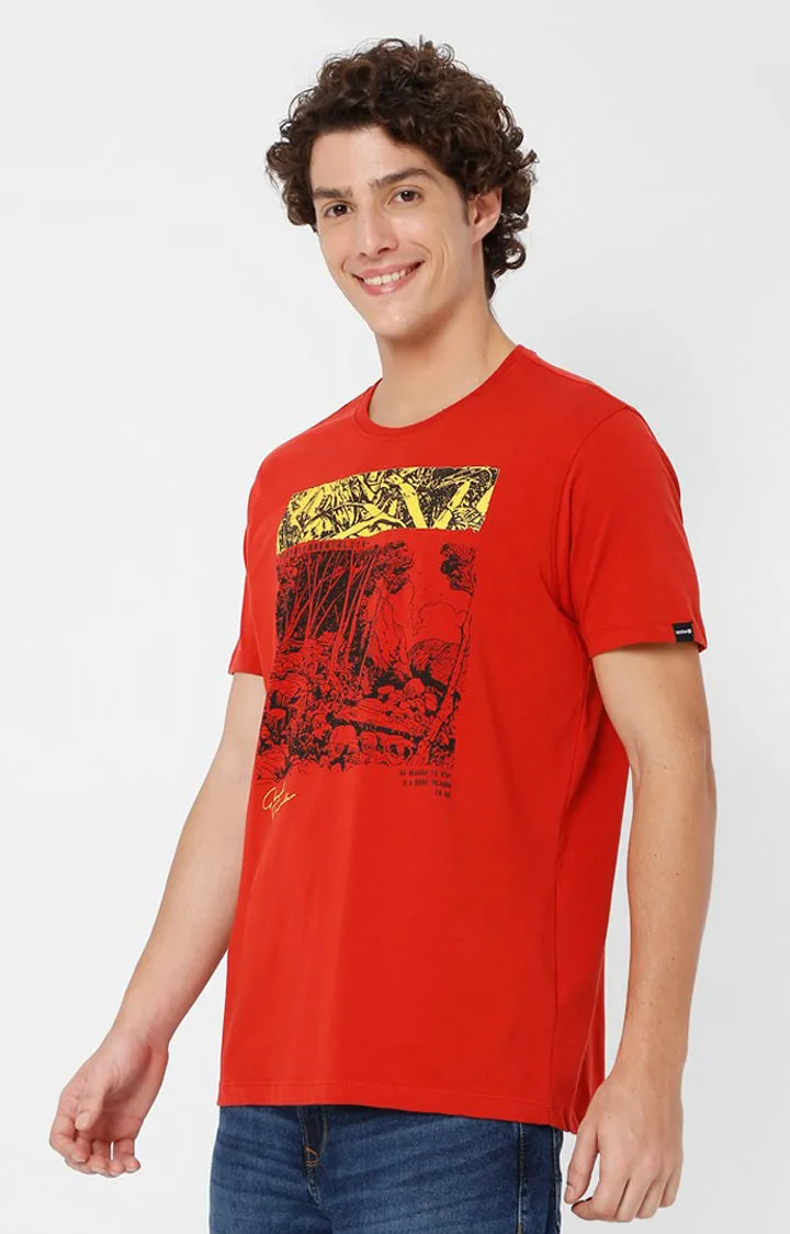 Spykar Men Orange Cotton Slim Fit Printed T-Shirt