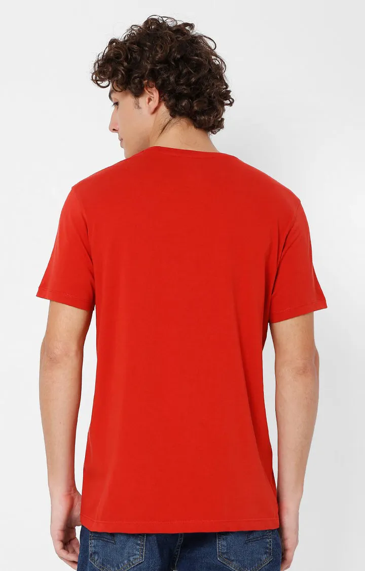 Spykar Men Orange Cotton Slim Fit Printed T-Shirt
