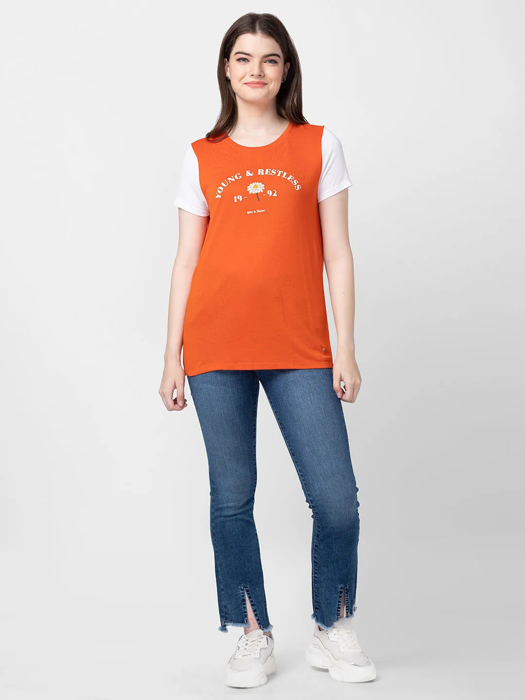 Spykar Women Burnt Orange Cotton Slim Fit Printed T-Shirts