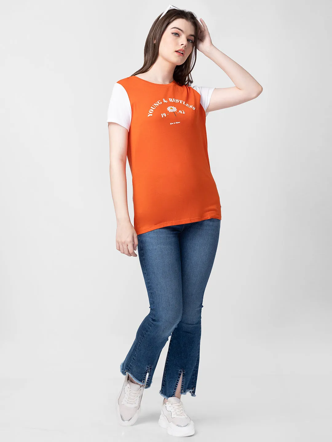 Spykar Women Burnt Orange Cotton Slim Fit Printed T-Shirts