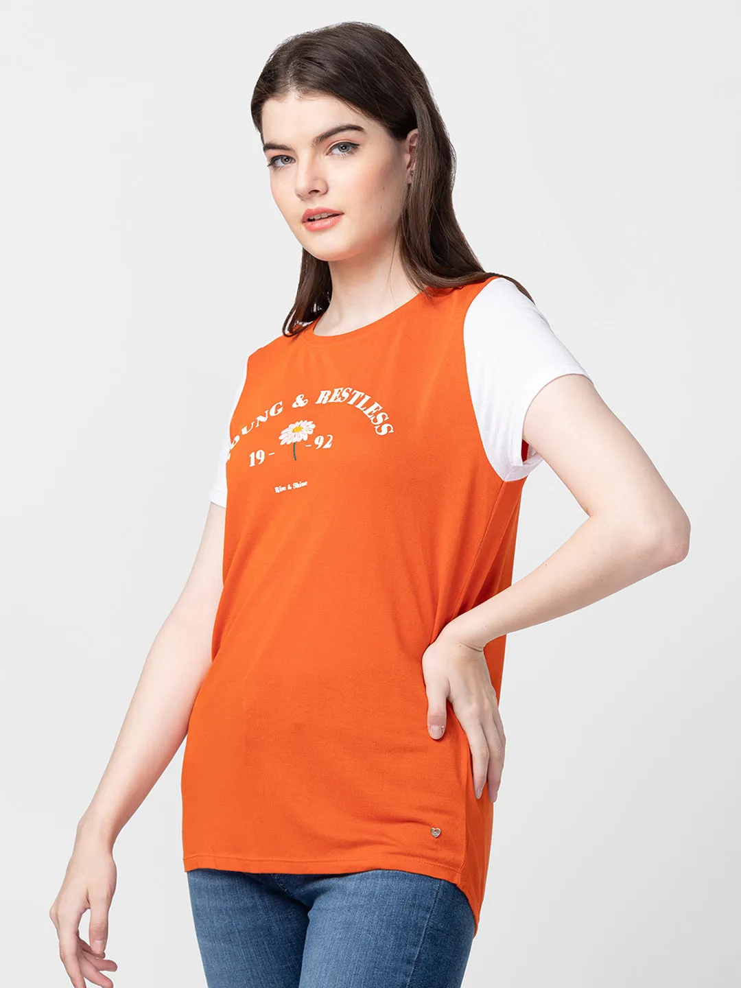 Spykar Women Burnt Orange Cotton Slim Fit Printed T-Shirts