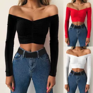 Trendy Off Shoulder Long Sleeve Cropped Blouse