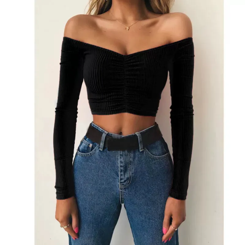 Trendy Off Shoulder Long Sleeve Cropped Blouse