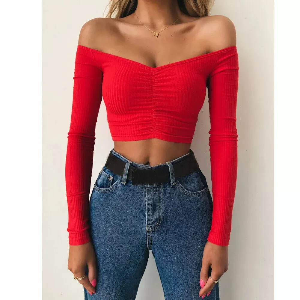 Trendy Off Shoulder Long Sleeve Cropped Blouse