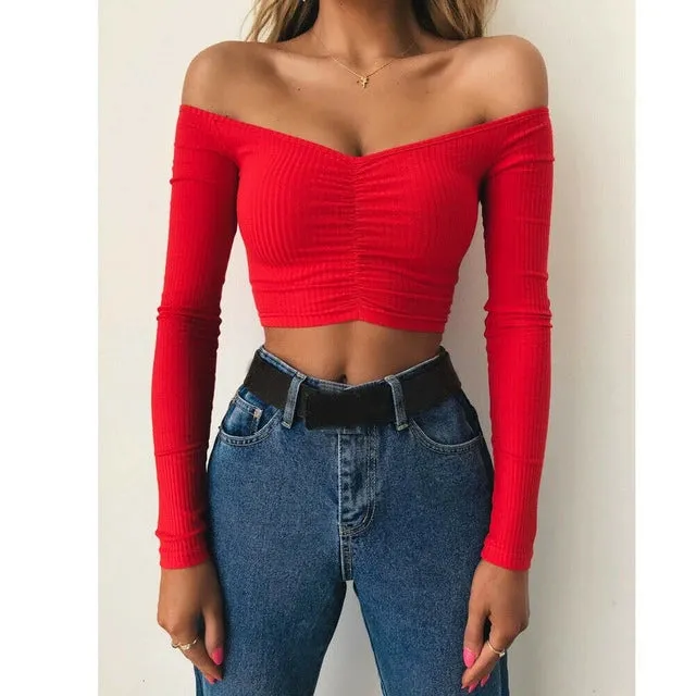 Trendy Off Shoulder Long Sleeve Cropped Blouse