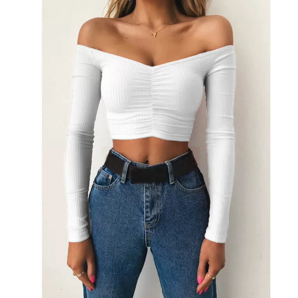 Trendy Off Shoulder Long Sleeve Cropped Blouse