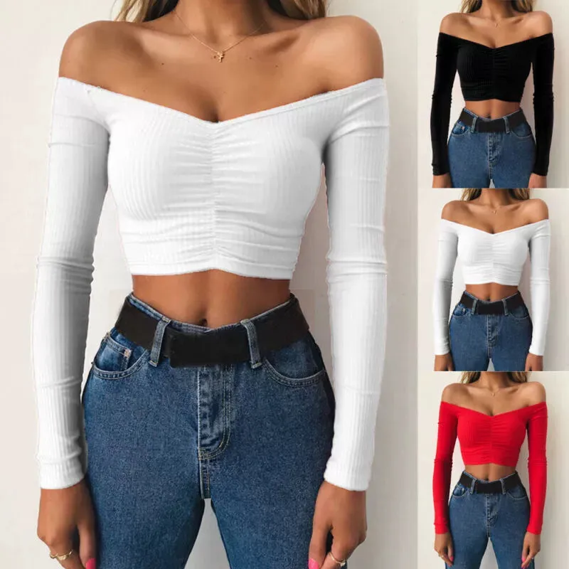 Trendy Off Shoulder Long Sleeve Cropped Blouse