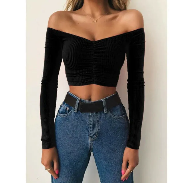 Trendy Off Shoulder Long Sleeve Cropped Blouse