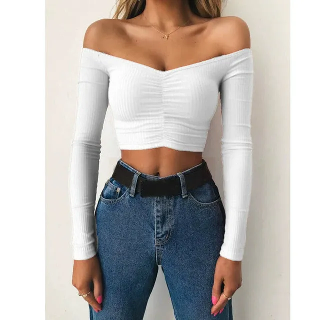 Trendy Off Shoulder Long Sleeve Cropped Blouse