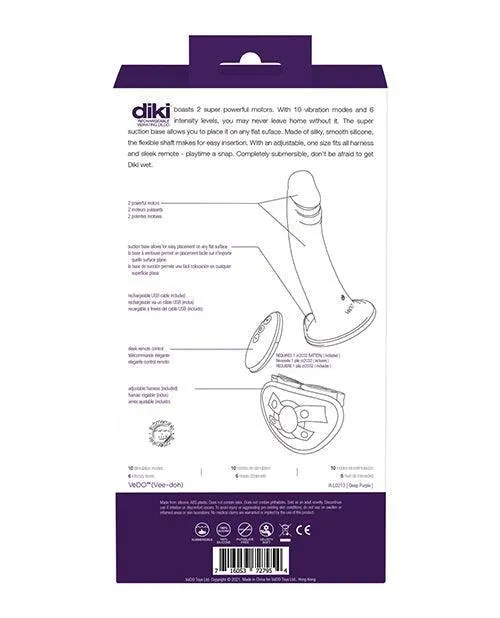 Vedo Diki Rechargeable Vibrating Dildo W-harness - Deep Purple