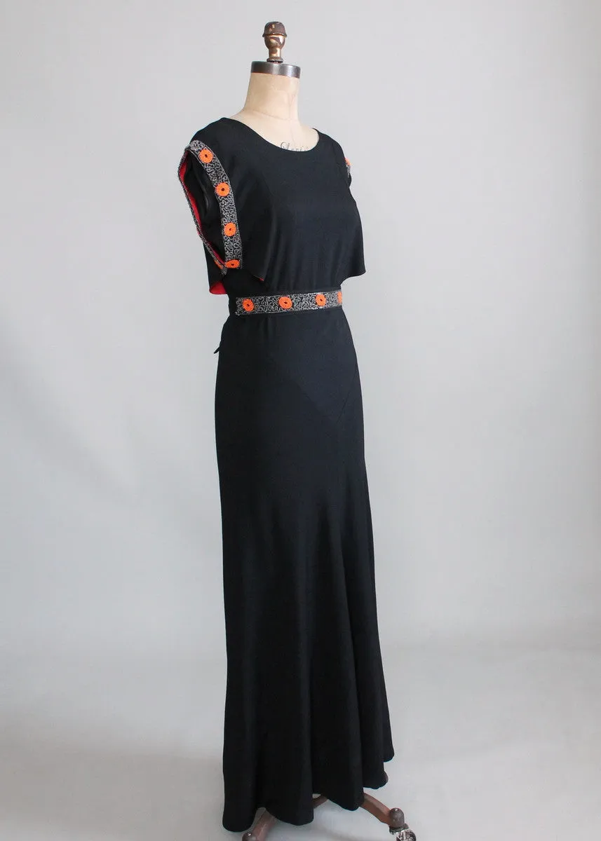 Vintage 1930s Black Crepe Tangerine Beaded Evening Dress