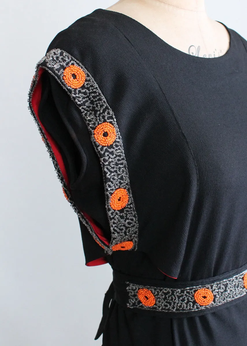 Vintage 1930s Black Crepe Tangerine Beaded Evening Dress